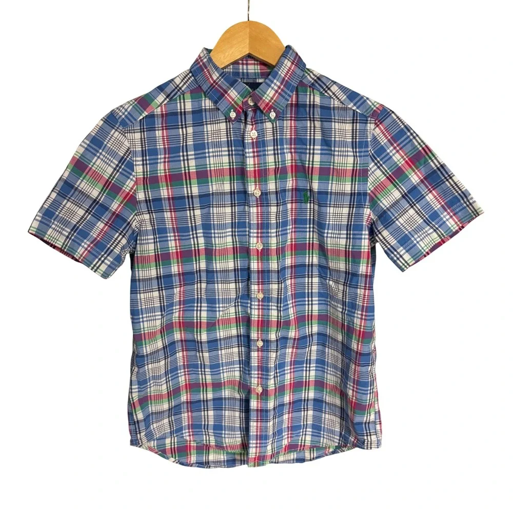 Ralph Lauren Boys Blue Plaid Short Sleeve Button Down Shirt‎ Size L 14-16 Cotton